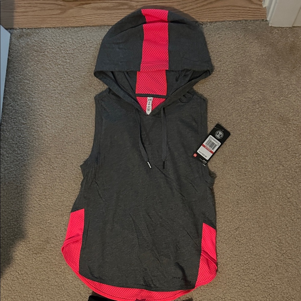 Under Armour Gray and Pink Sleeveless Hoodie w/ Champion running shorts